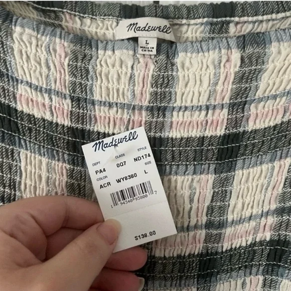 Madewell Lucie Elbow-Sleeve Smocked Plaid Mini Dress – Women’s Large NWT - Picture 5 of 8